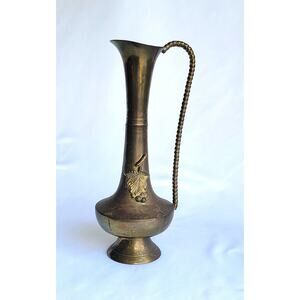 Vintage Brass Wine Decanter Pitcher Jug with Grape Leaves from India